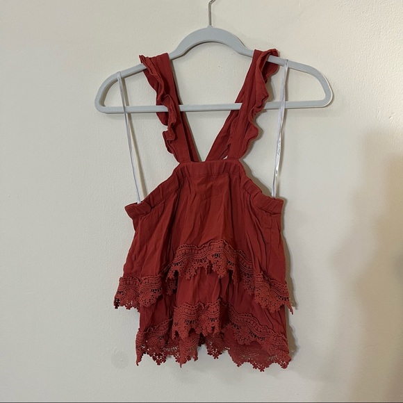Lovers + Friends Destined Rust Red Halter Tiered Lace Ruffle Crop Top - Picture 4 of 8